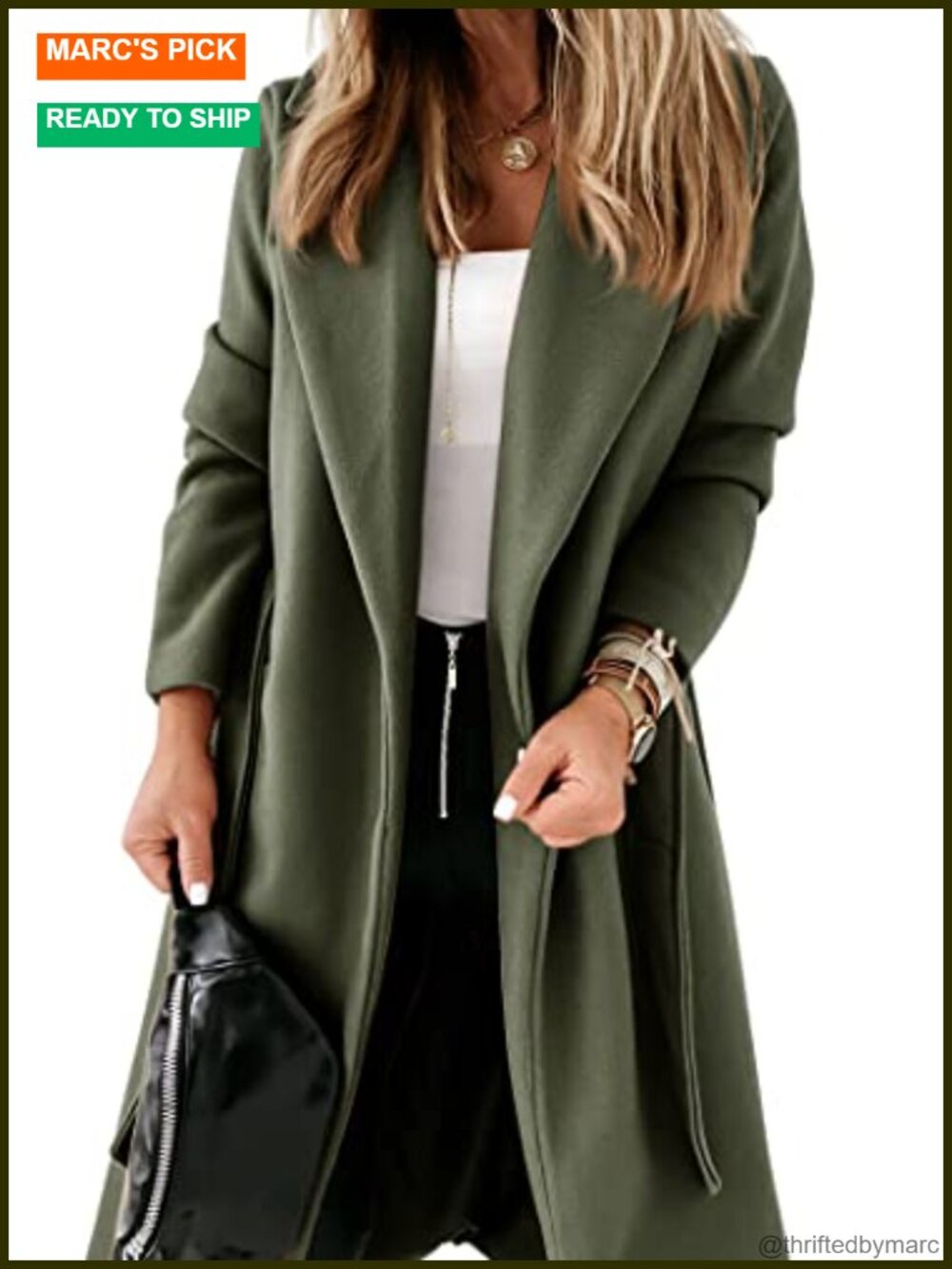 Women's Long Peacoat with Belt Notch Lapel Open Front 2 Pockets